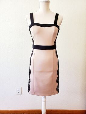 Chic Nude Sheath Dress with Black Trim